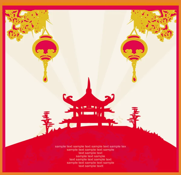Oud papier met Aziatische landschap en Chinese lantaarns - vintage Japanse stijl achtergrond — Stockfoto