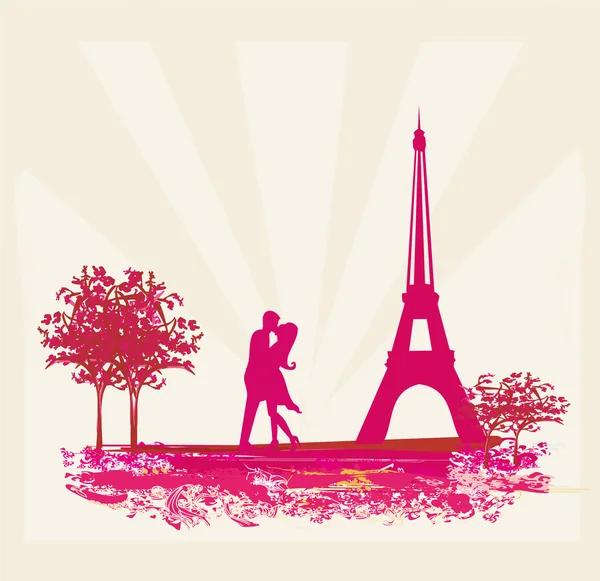 Romantyczna para w Paryżu całuje się w pobliżu karty Eiffla Retro — Zdjęcie stockowe
