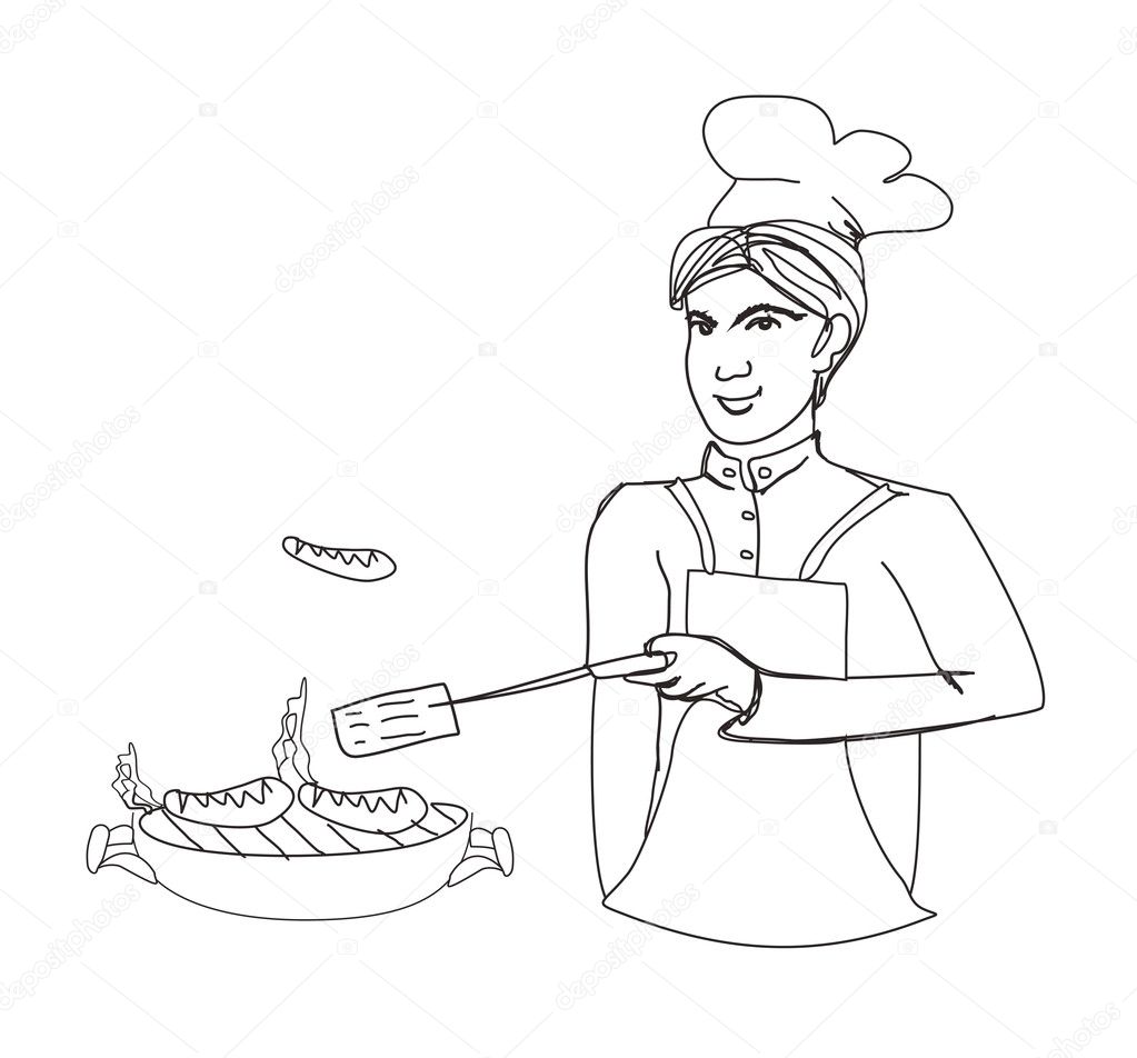 cartoon male dressed in grilling attire cooking meat outdoors