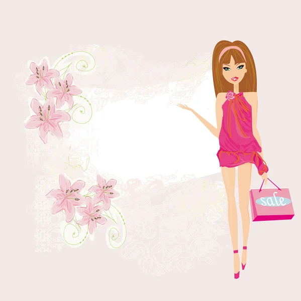 Fashion shopping girl showing message bord — Stock Photo, Image