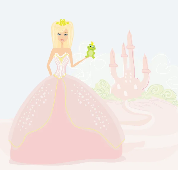 Красивая юная принцесса держит большую зеленую лягушку — стоковое фото