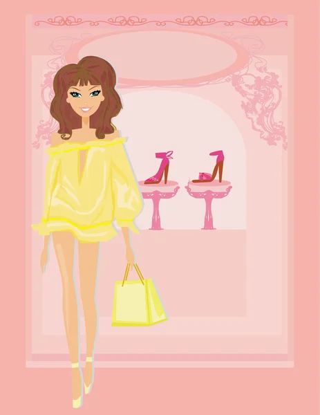 Moda kızı ayakkabı dükkanından alışveriş yapıyor. — Stok fotoğraf