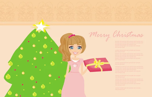Menina bonito com caixa de presente perto de árvore de Natal — Fotografia de Stock