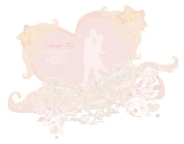 Floral greeting card with silhouette of romantic couple — Stock Photo, Image