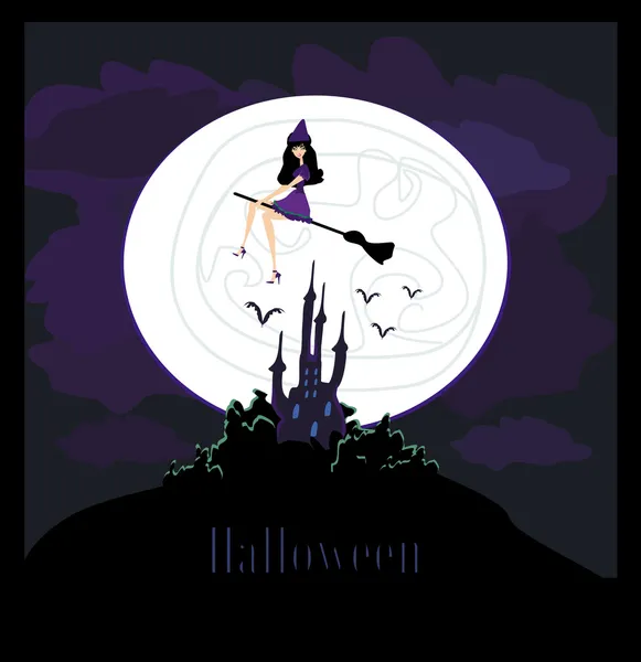 Witch flying on a broom in moonlight. — Stock Photo, Image