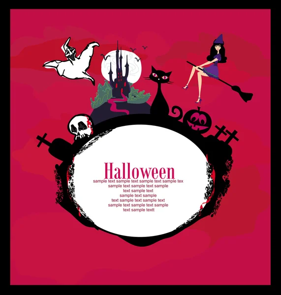 Invito di Halloween o sfondo con castello spettrale e pipistrelli, strega, gatto, teschio e tombe — Foto Stock