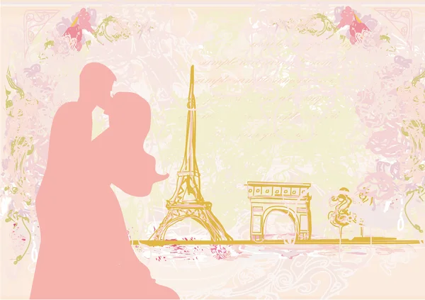 Romantiskt par i Paris kysser nära Eiffeltornet. — Stockfoto