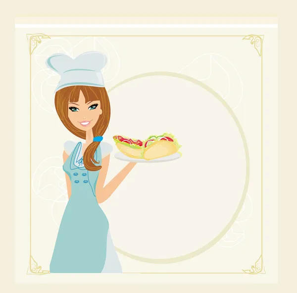 Piękna kelnerka z tacą — Zdjęcie stockowe