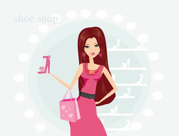 Moda menina compras na loja de sapatos — Fotografia de Stock