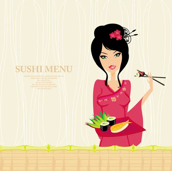 Krásná asijská dívka těšit sushi - menu šablona — Stock fotografie