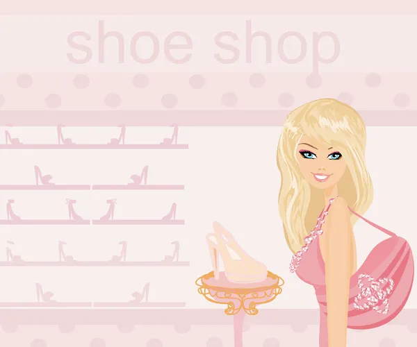 Moda menina compras na loja de sapatos — Fotografia de Stock