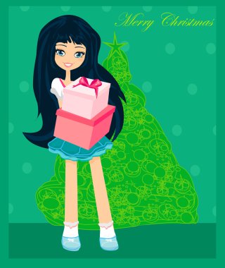 güzel bir kız ile hediye kutusu - Noel Kartpostalı