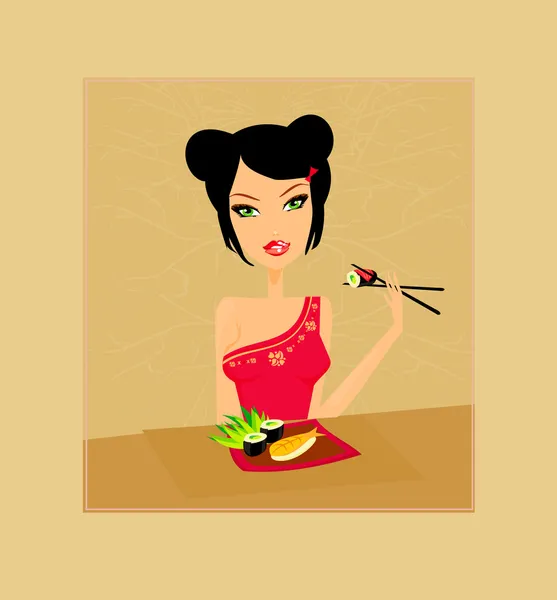 Eine schöne Frau genießt Sushi — Stockfoto