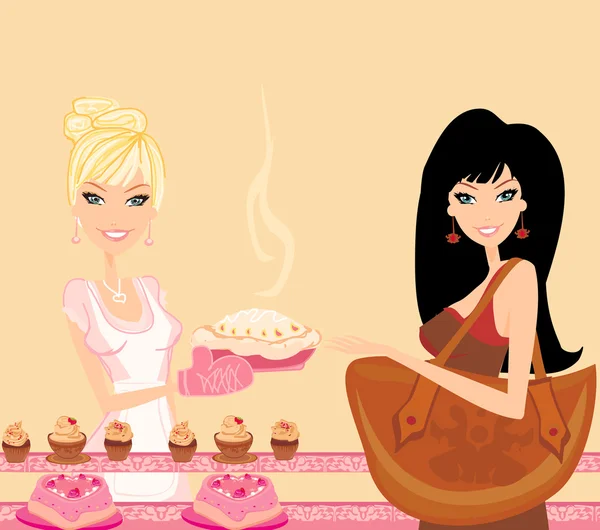 Illustration av en kvinna som köper tårta i en bageriaffär — Stockfoto