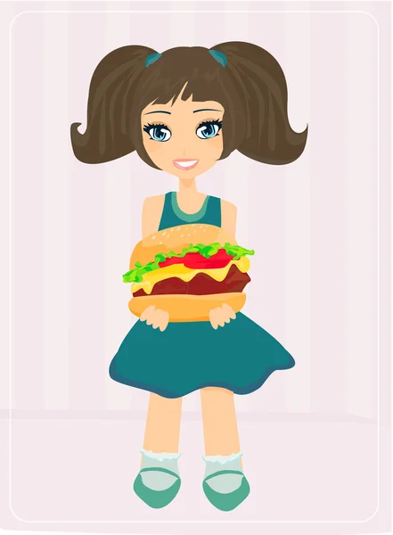 Søt jente som spiser hamburger. – stockfoto
