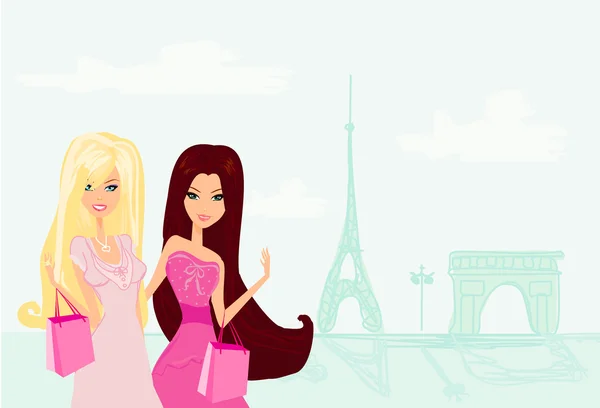 Paris 'te alışveriş yapan güzel kızlar. — Stok fotoğraf