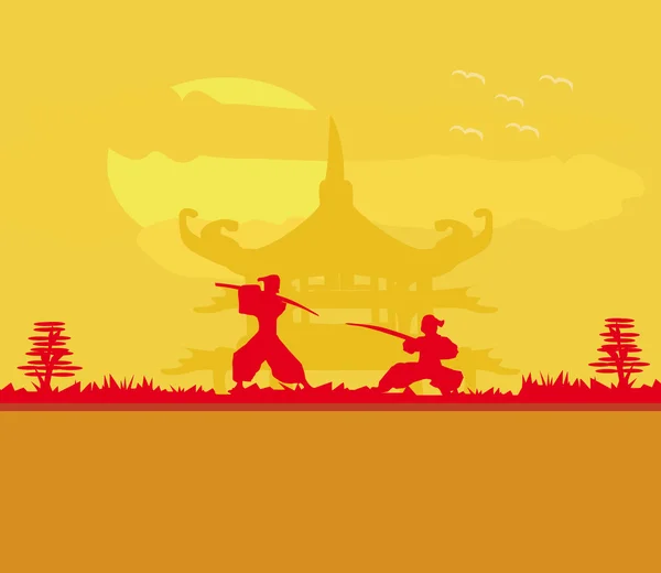 Samurai silhouet in Aziatisch landschap — Stockfoto