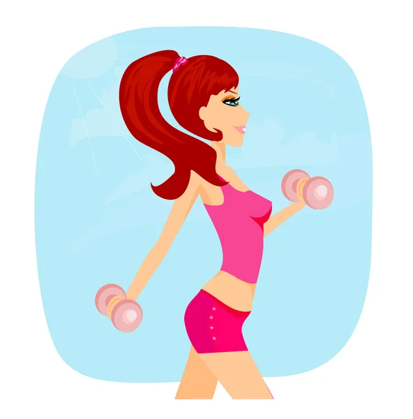 Mujer haciendo ejercicio con dos pesas de mancuerna en sus manos —  Fotos de Stock