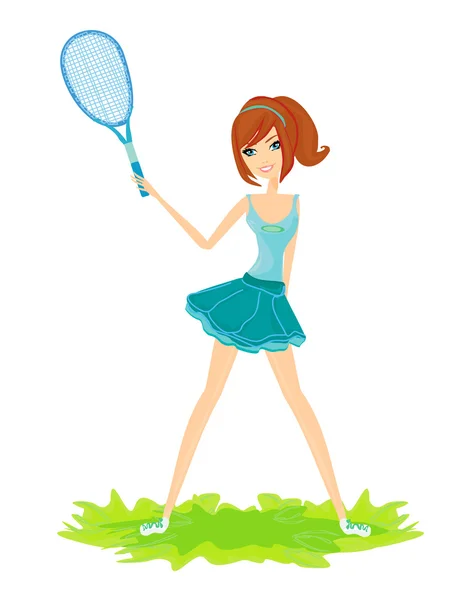 stock image Young girl with a tennis racket over white background