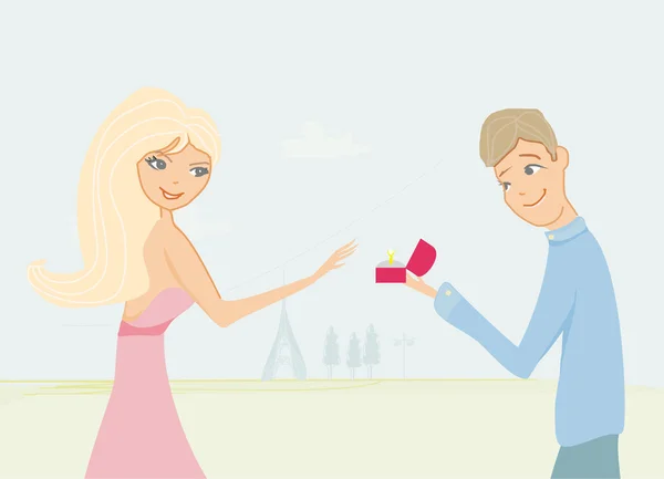 Joyeux jeune homme faisant une demande en mariage à sa fiancée à Paris — Image vectorielle