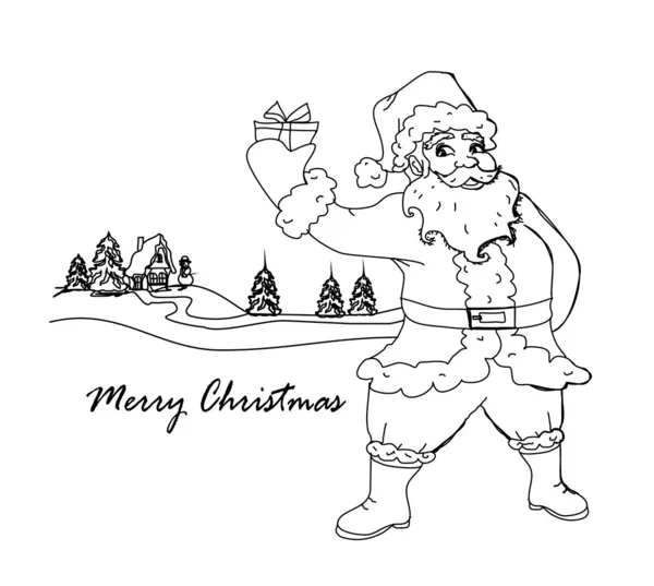 Happy New Year card with Santa and winter landscape - doodle illustration — стоковый вектор