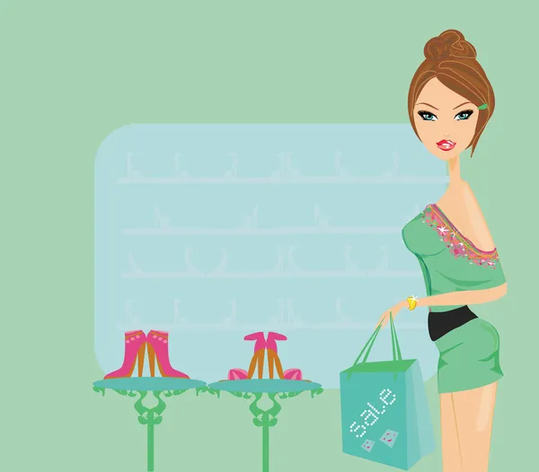Fashion girl shopping dans la boutique de chaussures — Image vectorielle
