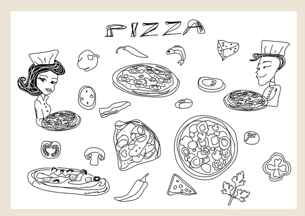 Conjunto de pizza y verduras — Vector de stock
