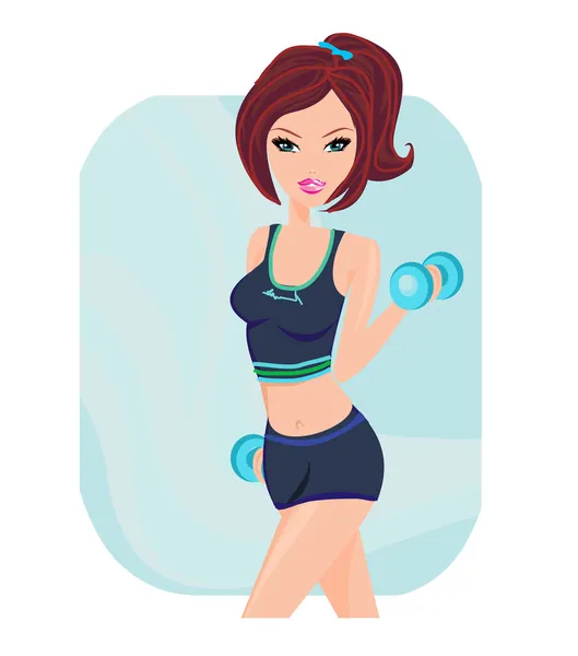 Fit brunette woman exercising with two dumbbell weights on her hands — Stock Vector