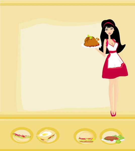 Belle serveuse servant un poulet — Image vectorielle
