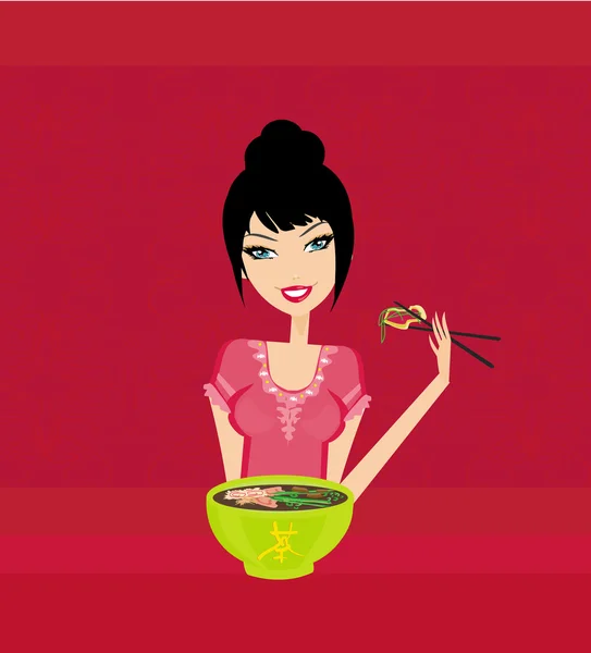 Dolce asiatico ragazza godere sushi — Vettoriale Stock