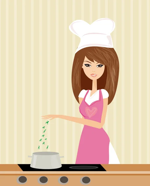Güzel bayan çorba pişiriyor. — Stok Vektör