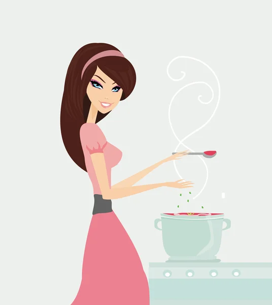 Beautiful lady cooking soup — Stock Vector