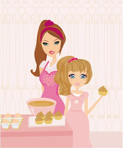 Щаслива мати допомагає дочці готувати на кухні — стоковий вектор