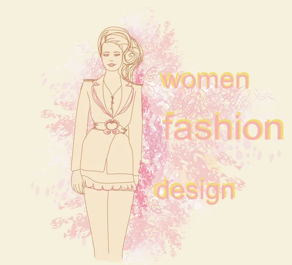 Fille à la mode dans une robe courte sur un fond floral — Image vectorielle