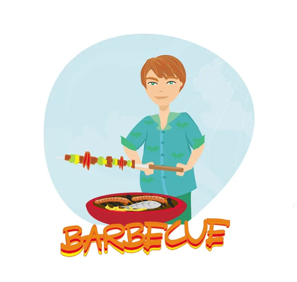 An image of a man cooking on his barbecue. — Stock Vector