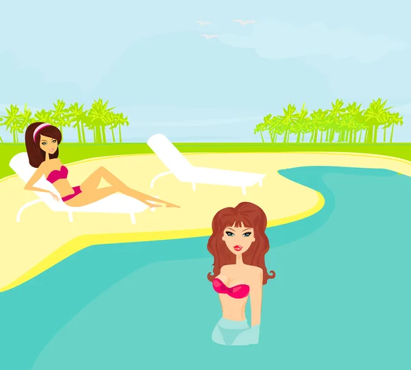 女生和热带游泳池的病媒图像 — 图库矢量图片