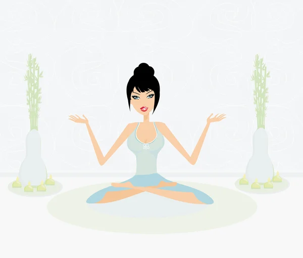Yoga gadis dalam posisi teratai - Stok Vektor