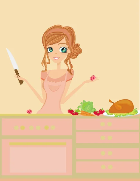 Belle dame cuisine poulet aux légumes — Image vectorielle