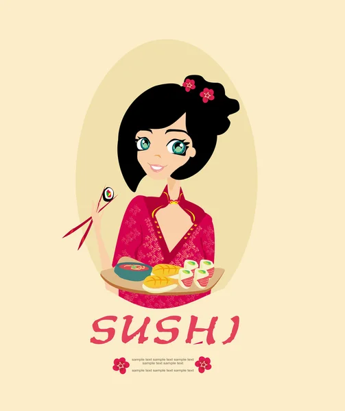 Słodkie Azji dziewczyna cieszyć sushi — Wektor stockowy