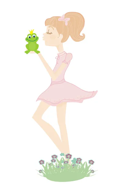 Мила дівчина цілує жабу — стоковий вектор