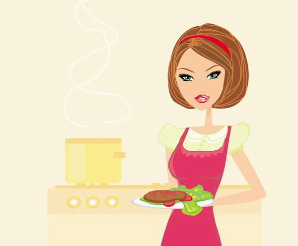 Belle dame cuisine viande — Image vectorielle