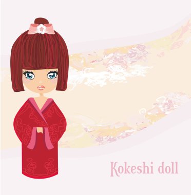 Kokeshi doll on the pink background with floral ornament clipart