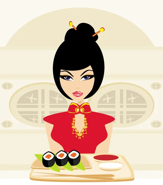 Bela menina asiática desfrutar de sushi - modelo de menu — Vetor de Stock
