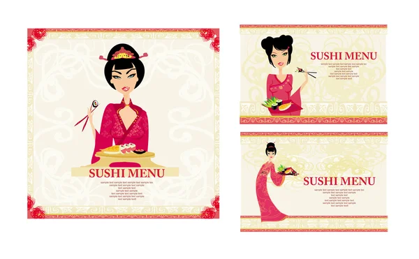Όμορφη ασιατική κοπέλα απολαμβάνουν σούσι - πρότυπο μενού — Διανυσματικό Αρχείο