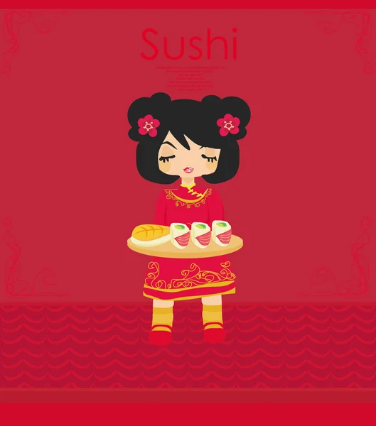 Schöne asiatische Mädchen genießen Sushi - Menüvorlage — Stockvektor