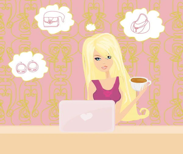 온라인 쇼핑 - 노트북 컴퓨터를 가지고 앉아 있는 젊은 여자 — 스톡 벡터