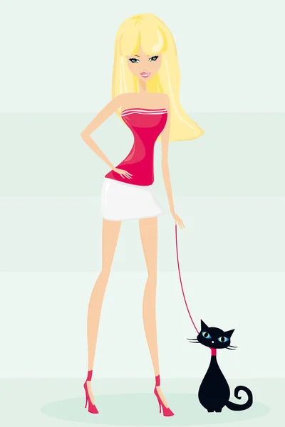 Sexy girl and her cat — Stock Vector