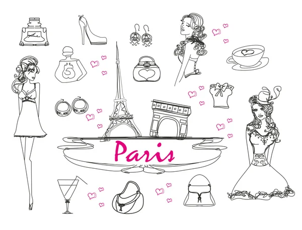 Paris set doodles — Stok Vektör