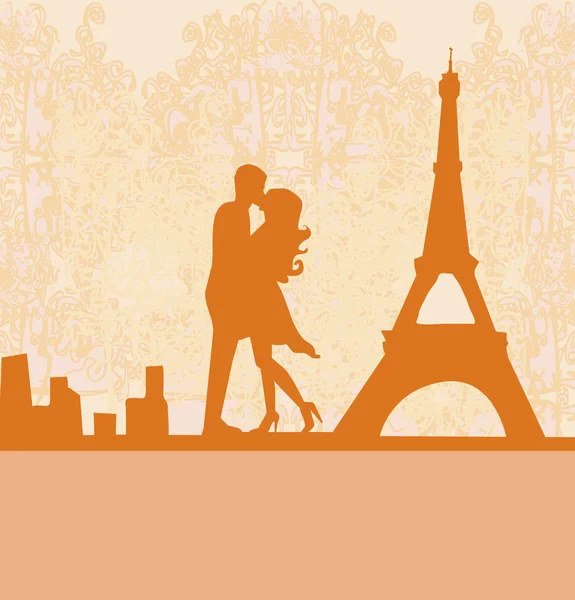 Romantic couple in Paris kissing near the Eiffel Tower. Retro card. — Stock Vector