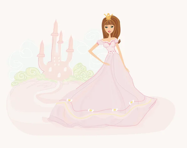 Beautiful young princess in front of her castle — Stock Vector